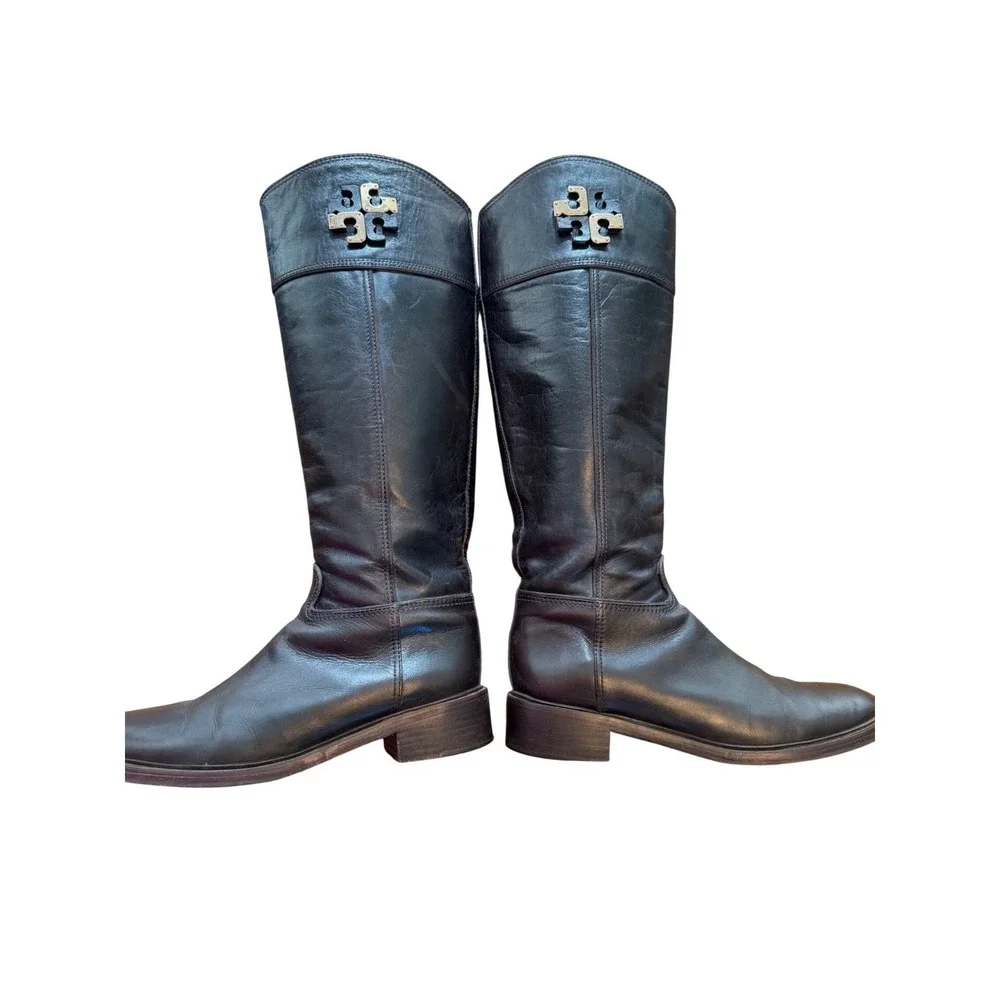 Tory Burch Kiernan Dark Brown Leather Riding Boots Gold Logo 32158741 Womens 10M